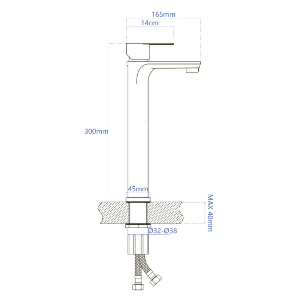 Смеситель для раковины/умывальника AQUEDUC однорычажный, высокий, неповоротный, керамический, длина излива 140 мм нержавеющая сталь, цвет сталь 345720