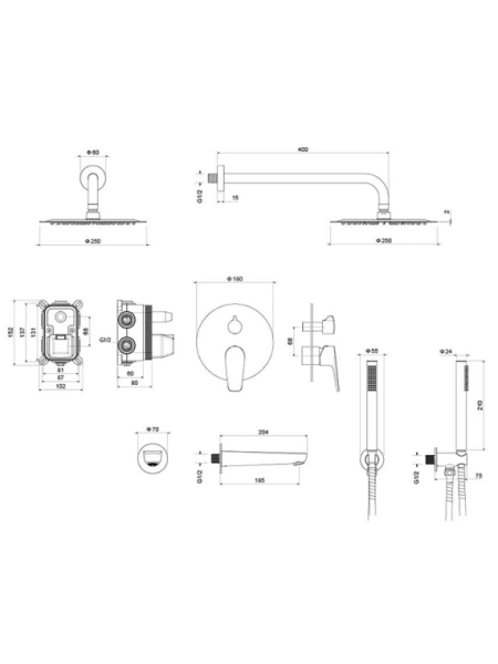 Душевая система Aquatek Бетта 4 в 1 встраиваемая, цвет оружейная сталь, комплект: однорычажный, смеситель/излив/тропический душ (с верхней лейкой)/лейка/шланг, встраиваемый (скрытый) монтаж
