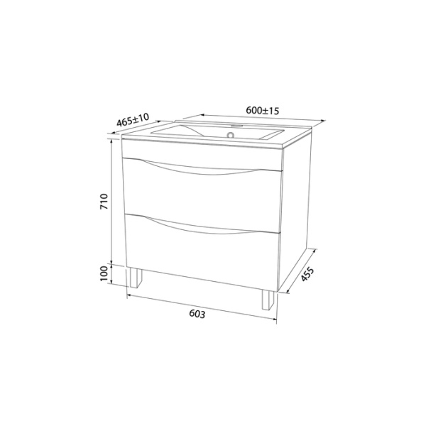 Тумба c раковиной IDDIS Cloud, 603*465*500 мм, подвесная, 2 выдвижных ящика, МДФ/раковина накладная, прямоугольная, цвет белый, керамическая/фарфоровая, отверстие под смеситель, слив-перелив, умывальник