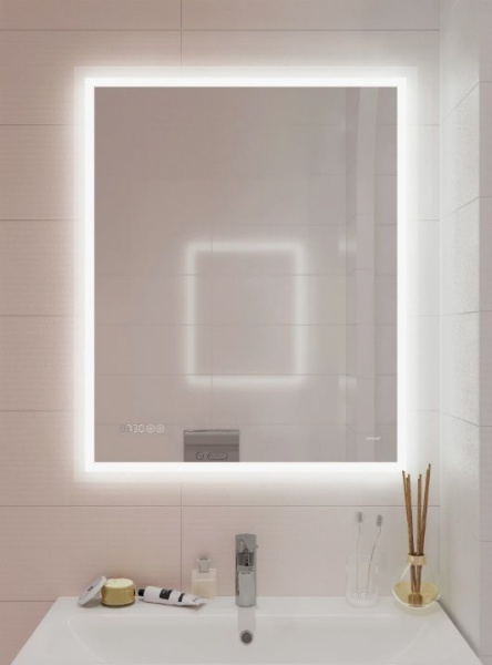 Зеркало Cersanit LED 080 design pro, 60х85х4 см, с LED/ЛЕД-подсветкой, часы/датчик температуры, прямоугольное, с антизапотеванием, выключатель сенсорный, для ванны