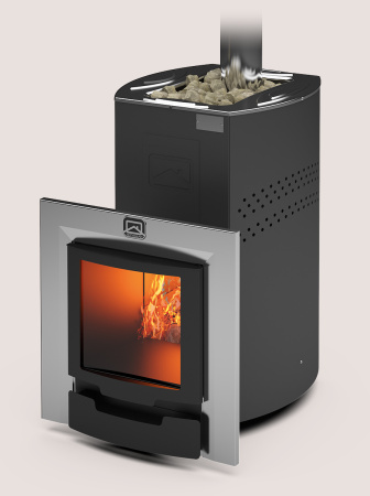 Печь Домна-20 ЛК Панорама ТЕПЛОДАР 20 м³, (двери 16" с обрамлением) напольная, пристенная, с теплообменником, с закрытой/комбинированной каменкой, с выносной топкой из предбанника, вертикальная, финская, масса камней 55 кг, на дровах
