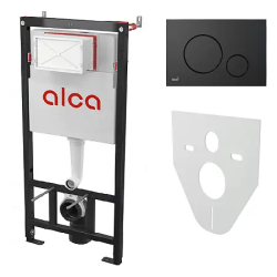 Инсталляция AlcaPlast для подвестного унитаза, с кнопкой смыва M678 черная, с креплением к стене, звукоизоляционная плита AM101/1120+M678+M91
