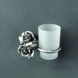 Стакан Art&Max Rose, с держателем, настенный, латунь/стекло, форма округлая, для зубных щеток в ванную/туалет/душевую кабину, цвет серебро