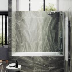 Душевая шторка на ванну MaybahGlass, 140х80 см, прозрачное стекло/профиль широкий, цвет белый матовый, фиксированная, закаленное стекло 8 мм, плоская/панель, правая/левая, правосторонняя/левосторонняя, универсальная