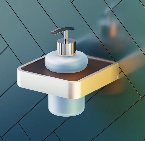 Дозатор для жидкого мыла Damixa Jupiter настенный, алюминий/стекло, цвет черный/хром, форма округлая, диспенсер, в ванную/туалет/душевую кабину