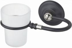 Стакан Art&Max Sophia, с держателем, настенный, латунь/стекло, форма округлая, для зубных щеток в ванную/туалет/душевую кабину, цвет хром/черный, к стене
