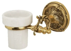 Стакан Art&Max Barocco, с держателем, настенный, латунь/стекло, форма округлая, для зубных щеток в ванную/туалет/душевую кабину, цвет античное золото, к стене
