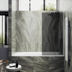 Душевая шторка на ванну MaybahGlass, 140х80 см, графитовое матовое стекло/профиль широкий, цвет белый матовый, фиксированная, закаленное стекло 8 мм, плоская/панель, правая/левая, правосторонняя/левосторонняя, универсальная