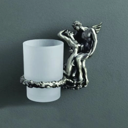 Стакан Art&Max Rоmantic, с держателем, настенный, латунь/стекло, форма округлая, для зубных щеток в ванную/туалет/душевую кабину, цвет серебро