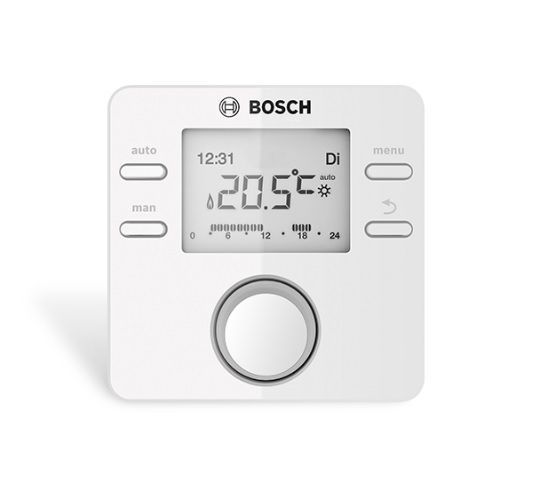 Терморегулятор Bosch CR100 температурный, проводной (белый), накладной, комнатный, для систем водяного отопления/теплого пола (термостат), жк дисплей, не программируемый