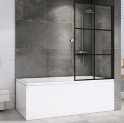 Шторка на ванну ABBER Immer Offen 80х140 см, фиксированная, профиль черный, прозрачное стекло, плоская/панель, из прозрачного стекла (шторка для ванны) стеклянная, неподвижная, универсальная ориентация
