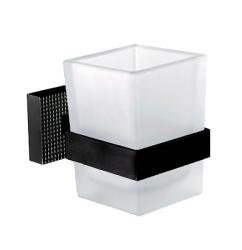 Стакан Cezares PRIZMA, с держателем, настенный, металлический/стеклянный, форма прямоугольная, для зубных щеток в ванную/туалет/душевую кабину, цвет черный матовый