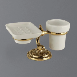 Стакан с мыльницей Art&Max Barocco Crystal, с держателем, настольный, латунь/стекло, форма округлая/прямоугольная, для зубных щеток/мыла в ванную/туалет/душевую кабину, цвет античное золото