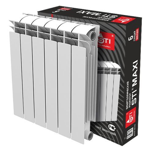 Радиатор отопления STI MAXI 500/100 (6 секций) биметаллический, боковое подключение, для квартиры, дома, водяные, мощность 960 Вт, настенный, батарея, белый