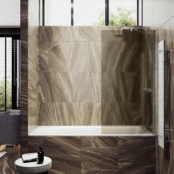 Душевая шторка на ванну MaybahGlass, 140х80 см, бронзовое матовое стекло/профиль широкий, цвет хром матовый, фиксированная, закаленное стекло 8 мм, плоская/панель, правая/левая, правосторонняя/левосторонняя, универсальная