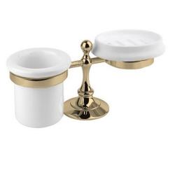 Стакан с мыльницей Cezares OLIMP, настольный, латунь/керамика, форма округлая, для зубных щеток/мыла в ванную/туалет/душевую кабину, цвет бронза