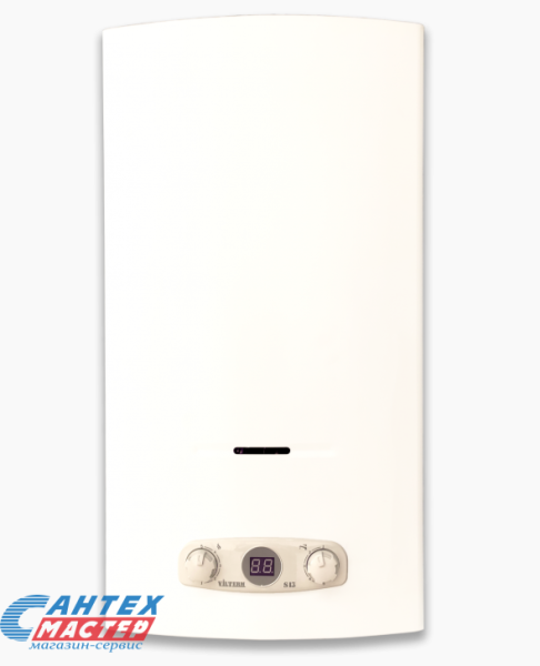 Газовая колонка VilTerm S13 (водонагреватель газовый) настенный, вертикальный, 26 кВт, 13 л/мин, 650х350х239 мм, (цвет белый, прямоугольный, плоский) с нижнее подводкой