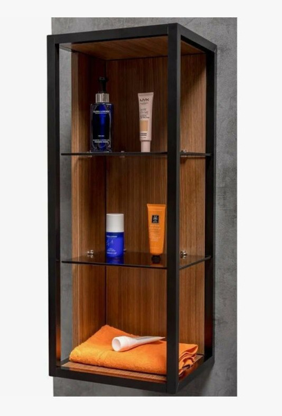 Шкаф-пенал Armadi Art Loft, 75х30х27 см, навесной, цвет черный/темный дуб, без дверцы, со стеклянными полками из тонированного стекла, шкаф/шкафчик подвесной, прямоугольный