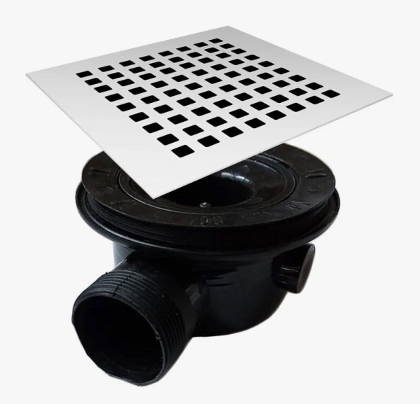 Сифон Vincea D90 с гидрозатвором для поддонов из камня,цвет черный, квадратная накладка из нержавеющей стали, гидрозатвор/мокрый затвор, горизонтальный/боковой выпуск, пластик
